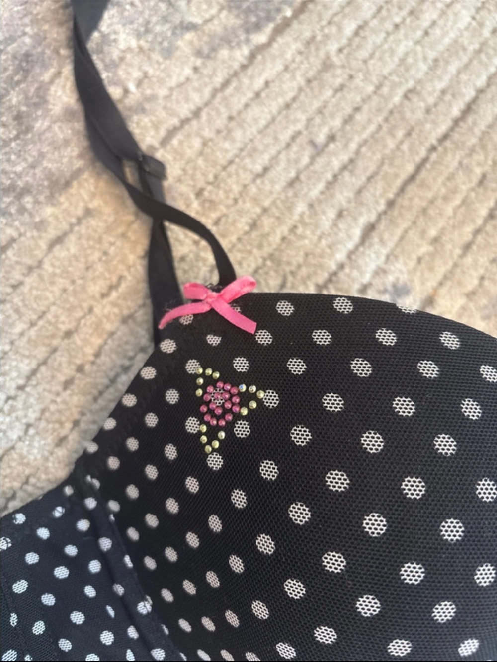 Betsey Johnson Black Polka Dot Bra with bling Pink Accents 36B - Picture 3 of 6